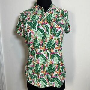 True Religion Birds Of Paradise Hawaiian Tropical Top Women L Green Short Sleeve
